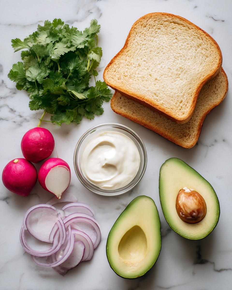 The image shows a simple arrangement of fresh food ingredients on a white marbled surface. There are two slices of golden brown bread stacked slightly and placed at the top center. To the left, a bunch of bright green cilantro leaves is set next to two round radishes, each sliced to show their white outer flesh and vibrant pink inner flesh. At the center, a small clear glass bowl filled with smooth, creamy white sauce sits slightly below the bread. Below the bowl are several thin rings of pale purple onion, arranged loosely in a small pile. To the right, two halves of a ripe avocado sit side by side, one half showing the creamy light green flesh with the pit hollowed out and the other half still holding the brown seed. The scene looks bright and clean. photo taken with an iphone --ar 4:5 --v 7