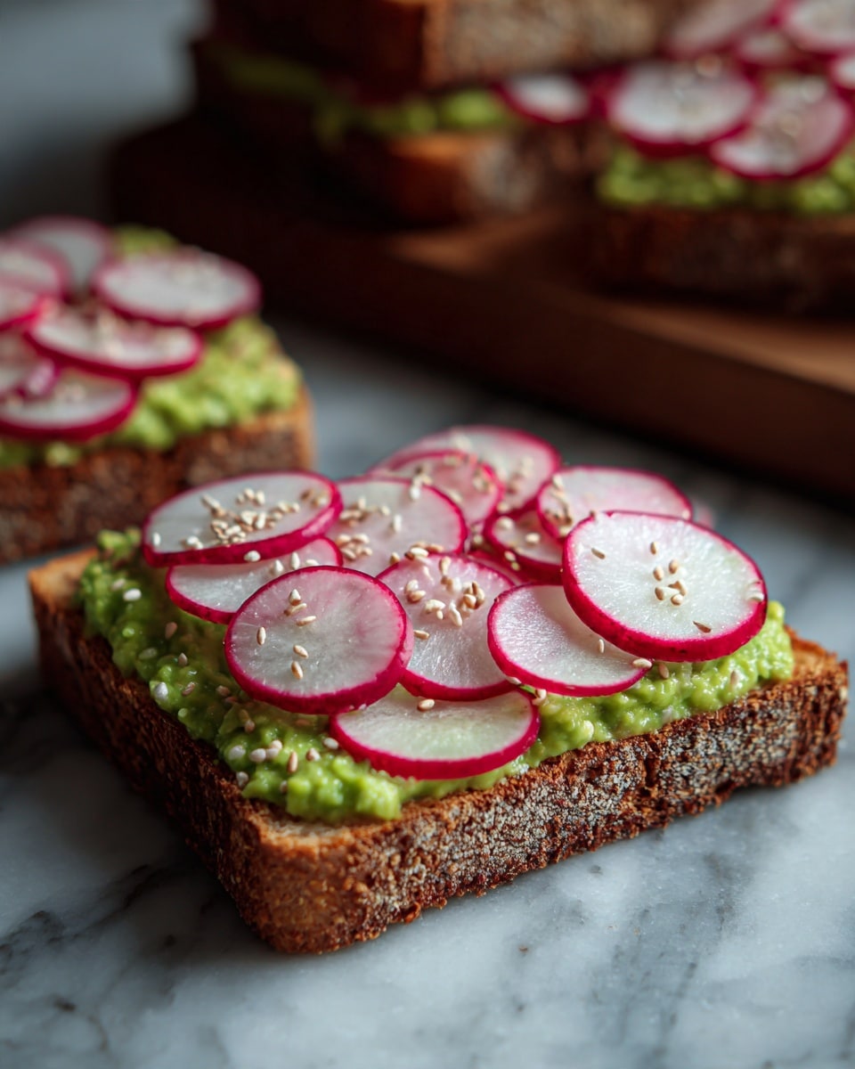 A thick slice of crusty bread with a rough, textured edge sits on a wooden surface with a white marbled texture beneath. The bread has a base layer of smooth green avocado spread that covers the entire top surface with some small lumps. On top of the avocado spread, there are thin, round slices of radish, white with bright red edges, neatly lined across the center. The radish slices are sprinkled with small, pale seeds that add texture and contrast to the smooth layers below. In the background, more slices of similar bread are stacked, slightly out of focus. Photo taken with an iphone --ar 4:5 --v 7