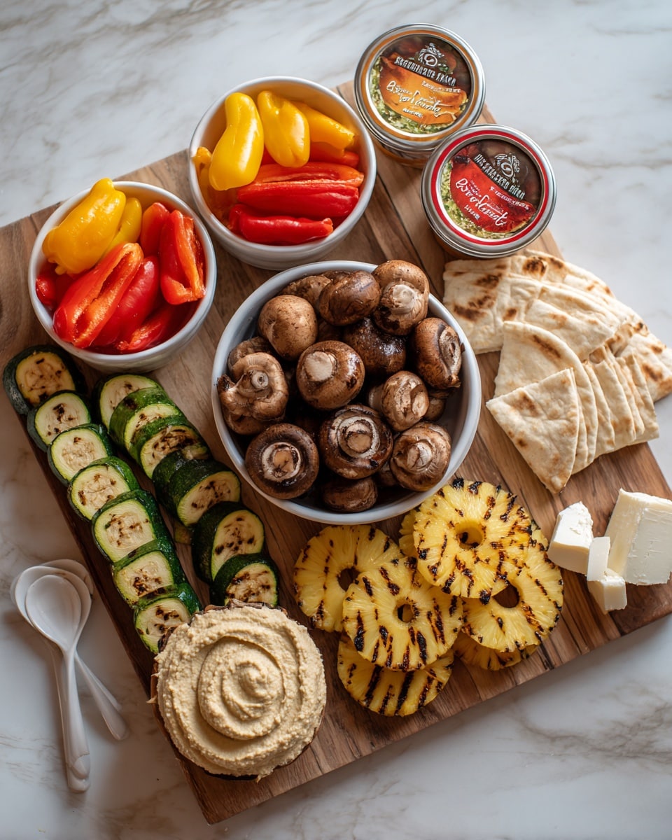 The image shows a wooden board on a white marbled surface with a variety of foods arranged around two round red-lidded containers of Sabra hummus, one labeled Roasted Red Pepper and the other Roasted Garlic. On the upper left, a white bowl holds small colorful peppers in yellow, orange, and red. Below it, several strips of grilled zucchini with char marks are stacked in neat layers. At the center, a white bowl is full of whole brown mushrooms stacked with their stems facing up. To the right of the mushrooms, grilled pineapple slices with dark grill lines are stacked neatly. There is a wedge of soft white cheese at the upper right corner, and near it, pieces of pita bread are partially visible. Two white spoons are placed on the board, one near the peppers and the other near the grilled zucchini. photo taken with an iphone --ar 4:5 --v 7