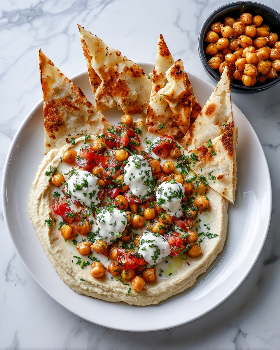 A white plate on a white marbled surface holds a dish with five layers: the bottom layer is smooth beige hummus spread thinly, topped with golden roasted chickpeas scattered evenly. On top of that are dollops of white creamy sauce with green herb specks, placed in small groups. Next, there are chunks of bright red cherry tomatoes mixed with finely chopped green herbs and onion pieces spread all over the plate. Around the edge, triangular pieces of soft, toasted pita bread with light golden brown spots are arranged standing up. In the background, there is a small black bowl filled with more roasted chickpeas. Photo taken with an iphone --ar 4:5 --v 7