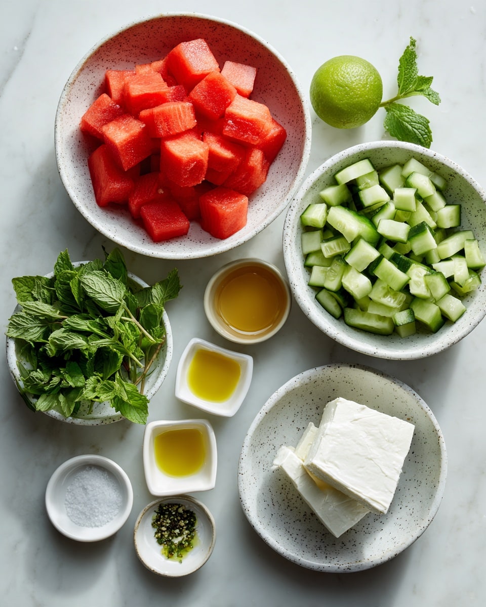 The image shows several bowls and small dishes with fresh ingredients arranged on a white marbled surface. There are two larger white bowls with a speckled gray pattern; one filled with bright red watermelon cubes on the top left, and the other with chopped cucumber pieces in shades of green on the right. Below, a smaller white bowl holds a white block of cheese. To the left, a small white bowl contains green fresh herbs, including basil and mint leaves. At the top center, three small square white dishes hold yellow oil, a honey-like liquid, and salt, arranged near a halved lime with its green skin and light green flesh visible. The colors are fresh and vibrant, and the layout is neat and inviting. Photo taken with an iphone --ar 4:5 --v 7