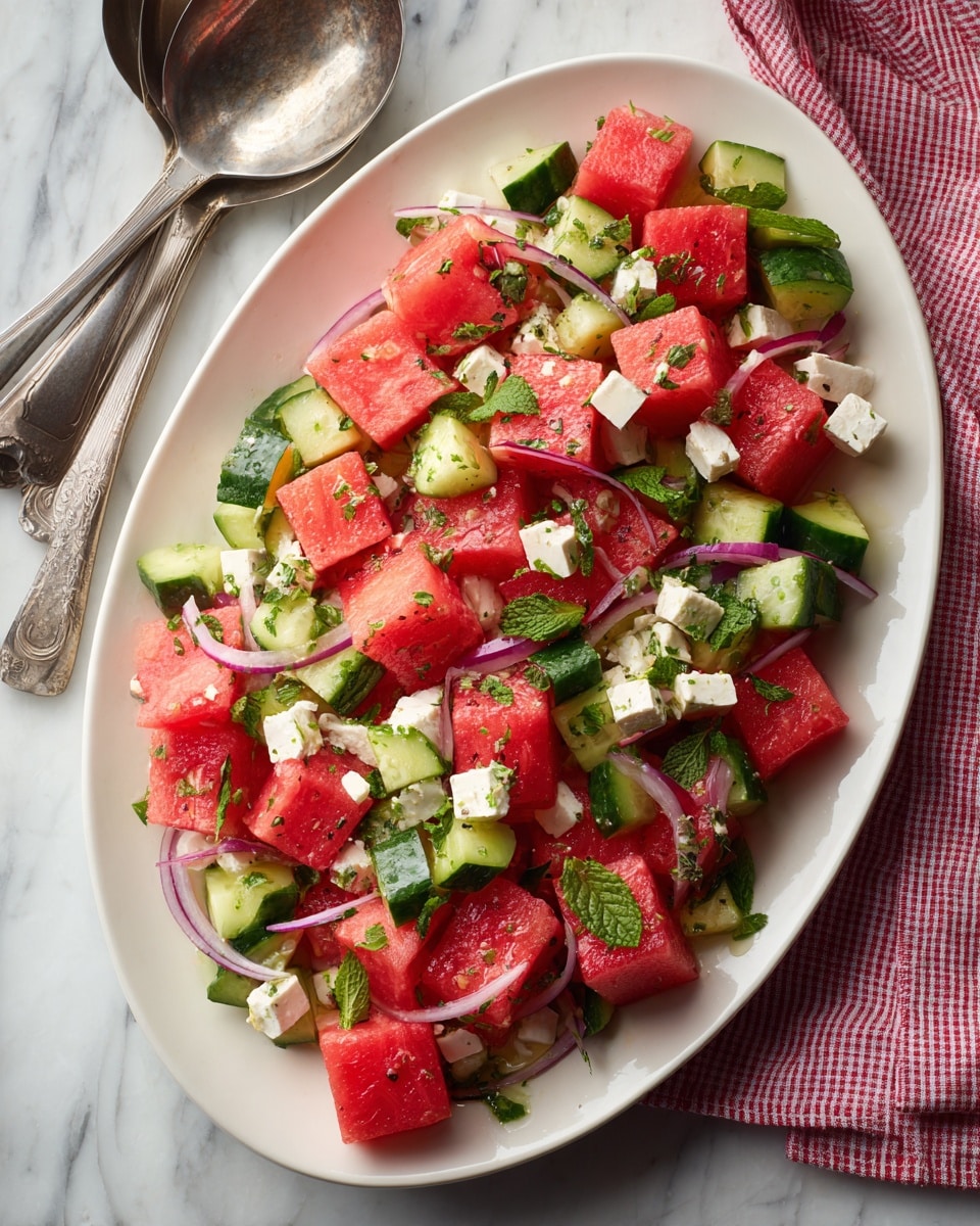 A white oval plate filled with layers of bright red watermelon cubes, light green cucumber chunks with darker green skin, and small white feta cheese cubes all mixed together. Thin slices of purple-red onion are scattered throughout on top of and between the fruit and cheese. The dish is sprinkled with fresh green mint leaves and chopped herbs. The plate sits on a white marbled surface partially covered by a red and white checkered cloth, with large metal serving spoons nearby. photo taken with an iphone --ar 4:5 --v 7