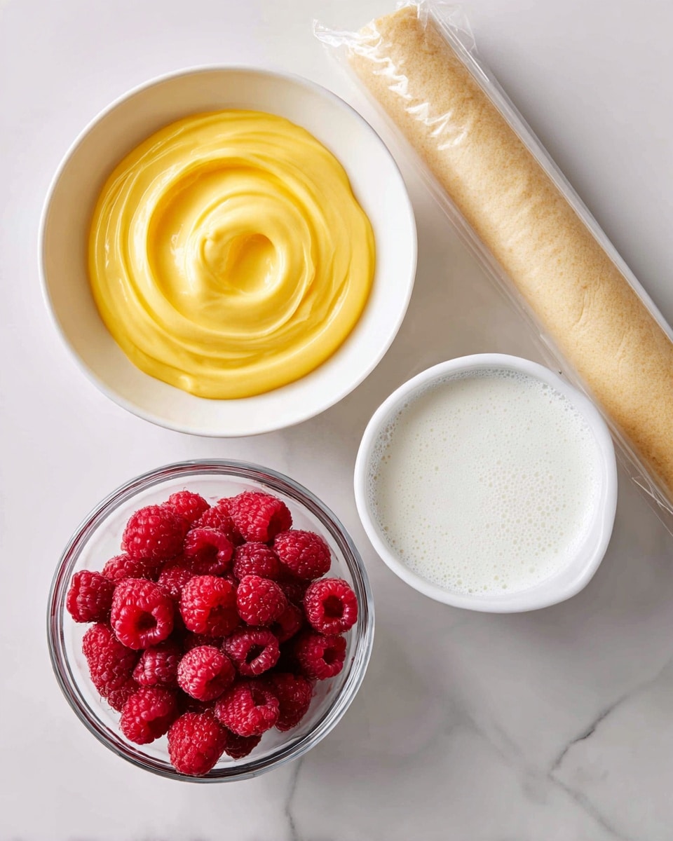 The image shows four items on a white marbled surface: a white bowl filled with smooth, bright yellow cream swirled in the center at the top left; a clear glass cup filled with white milk with a foamy top placed at the bottom right; a white measuring cup filled with fresh, bright red raspberries positioned at the bottom left; and a long, unused beige roll of dough in a clear plastic wrapper lying horizontally at the top right. Photo taken with an iphone --ar 4:5 --v 7