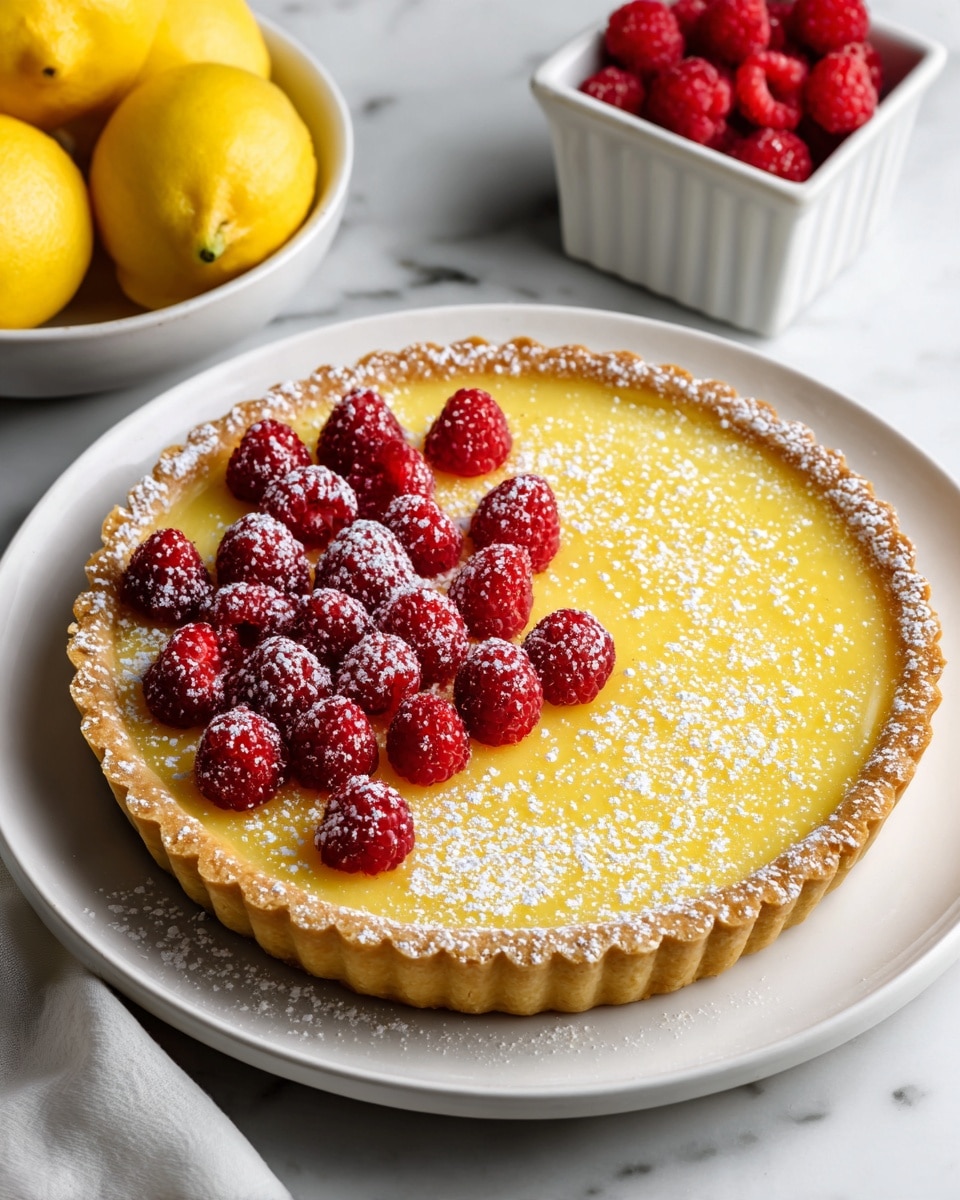 A lemon tart sits on a white plate with a golden crust forming the base layer. On top is a smooth, bright yellow lemon filling as the second layer, sprinkled lightly with powdered sugar giving a soft white dusting all over. Fresh red raspberries are arranged on one side of the tart, adding a pop of color and texture contrast. The plate rests on a white marbled surface with a white bowl of raspberries and a square white container holding yellow lemons nearby, adding a fresh, clean atmosphere. Photo taken with an iphone --ar 4:5 --v 7
