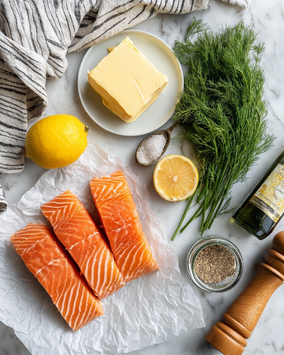 The image shows ingredients arranged on a white marbled surface: four thick pieces of fresh salmon with a bright orange color and white lines, resting on white wax paper in the bottom left; a whole bright yellow lemon placed above the salmon; a chunk of light yellow butter on a white plate centered near the top; a bunch of fresh green dill with feathery leaves to the right of the lemon; a dark green bottle with a white label near the bottom right; a small glass jar with coarse brown seasoning and a wooden spoon inside it near the top right; and a tall wooden pepper grinder near the center top. A white cloth with black stripes is placed loosely in the upper left corner. photo taken with an iphone --ar 4:5 --v 7