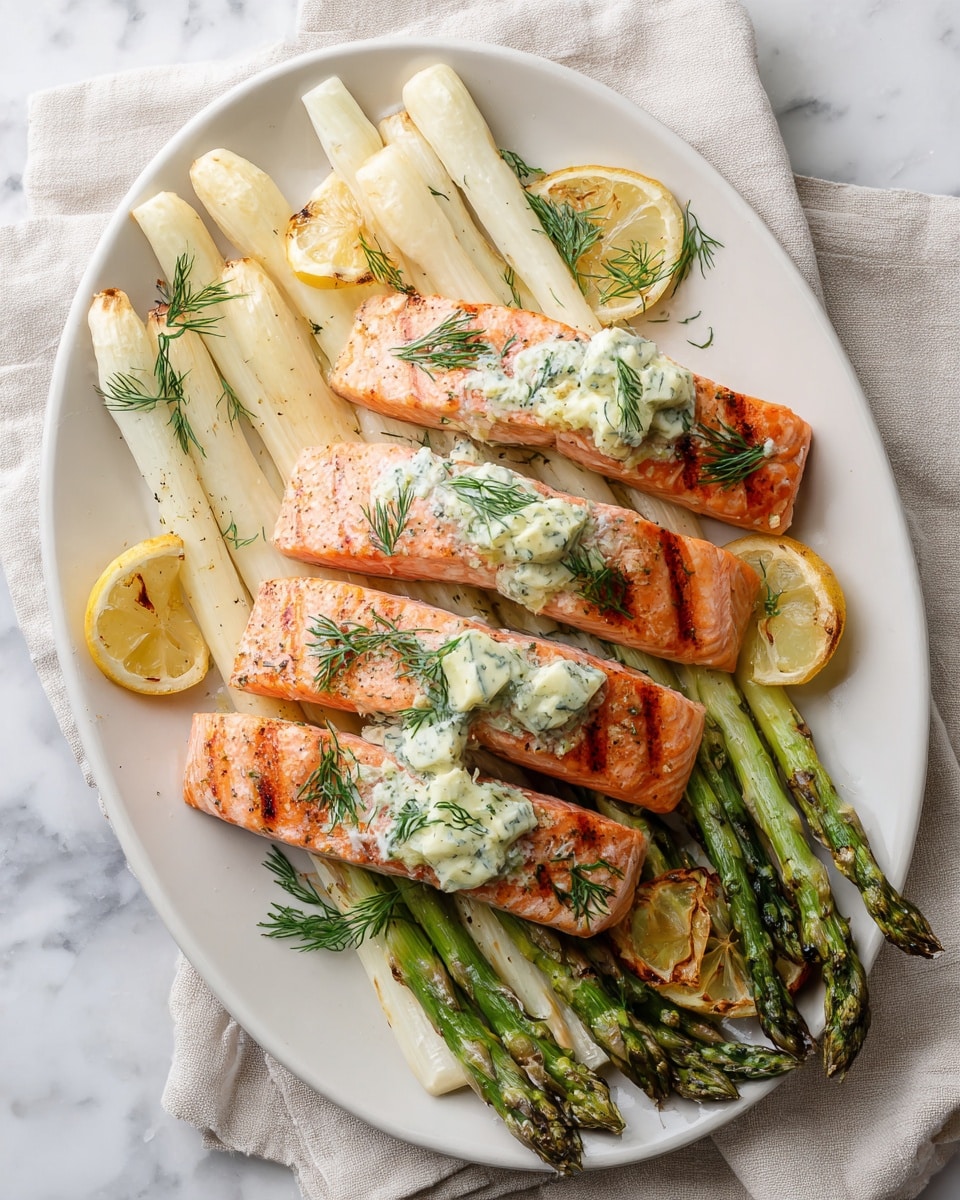 The image shows a white oval plate with four grilled salmon pieces placed on top of grilled white asparagus spears. Each salmon piece has a small dollop of herbed butter and green dill on it. There are also charred lemon slices scattered around the salmon and asparagus. The plate is placed on a light beige cloth napkin, all set against a white marbled surface. Photo taken with an iphone --ar 4:5 --v 7