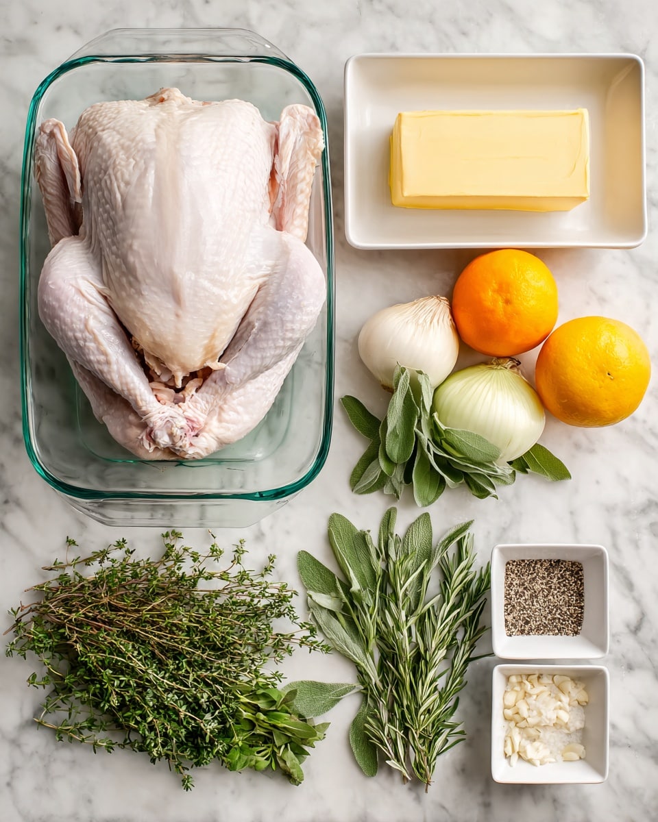 A whole raw turkey lies in a clear glass baking dish taking up most of the bottom left side of the image. Above it is a white rectangular dish holding a stick of pale yellow butter. To the right of the butter, there is a white onion, an orange, and a lemon placed in a row from top to bottom. Below the fruits and onion are three bunches of fresh green herbs, including rosemary, sage, and thyme, arranged neatly next to each other. Further down on the right side are three small white square dishes each holding minced garlic, a mix of black pepper and salt, and plain salt respectively. The whole setup is on a white marbled surface. Photo taken with an iphone --ar 4:5 --v 7