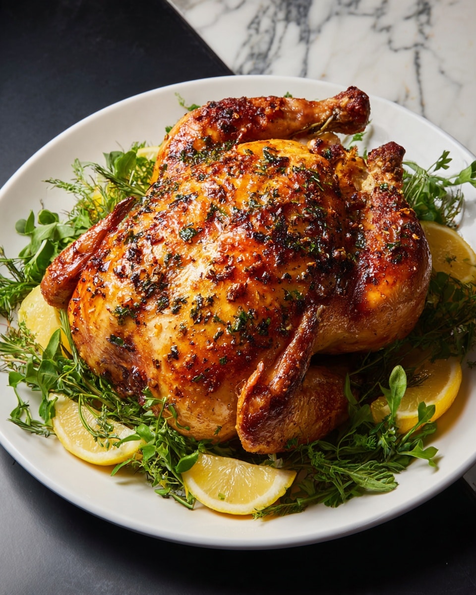 A whole roasted chicken with a crispy golden-brown skin with specks of herbs and spices on top, placed in the center of a white plate. The chicken shows two visible wings and two visible legs, all well browned. Underneath the chicken, there is a bed of green herbs and slices of lemon arranged around the bottom edge of the plate. The plate sits on a dark surface with a white marbled background behind it. photo taken with an iphone --ar 4:5 --v 7