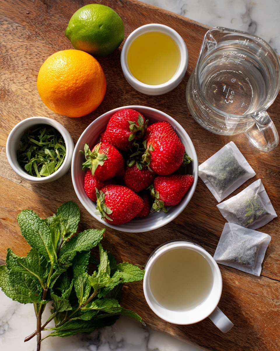 A wooden table holds several small white bowls and cups arranged neatly. One bowl near the top center is filled with bright red strawberries with green leaves still attached. To the left, there is a whole orange and a whole lime side by side. Below the lime, a small white bowl contains fresh green mint leaves. Another white bowl near the bottom left has a yellow liquid. Near the bottom center, a fresh sprig of mint rests on the table. At the bottom right, two tea bags lie next to a white cup filled with clear water. To the right of the cup, a transparent glass measuring cup with water sits on the table. The overall setting is simple with fresh ingredients on a white marbled surface. photo taken with an iphone --ar 4:5 --v 7