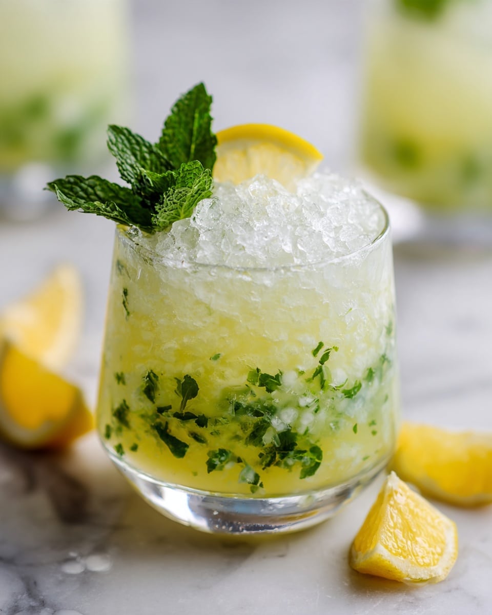A clear, short glass is filled with a light yellow drink that has small bits of green mint leaves mixed throughout. The drink is layered with crushed ice, making it look frosty and cold. On top, there is a fresh sprig of bright green mint and a thin slice of lemon resting inside the glass near the rim. Around the base of the glass are a few lemon wedges and more fresh mint leaves. The glass sits on a white marbled surface with more glasses blurred in the background. photo taken with an iphone --ar 4:5 --v 7