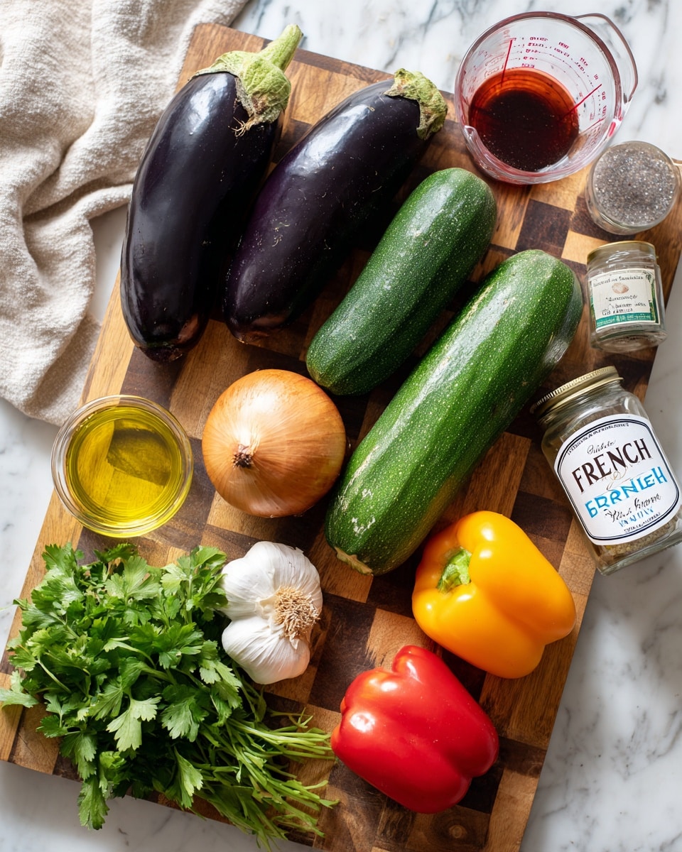 The image shows a wooden checkered cutting board placed on a white marbled surface. On the board, there are two dark purple eggplants, two green zucchinis, one whole brown onion in the center, a small orange bell pepper and a red bell pepper on the right side. On the left side, there are fresh green parsley and cilantro leaves. Near the bottom left of the board, there is a small glass bowl with yellow olive oil, one whole garlic bulb, a clear jar labeled