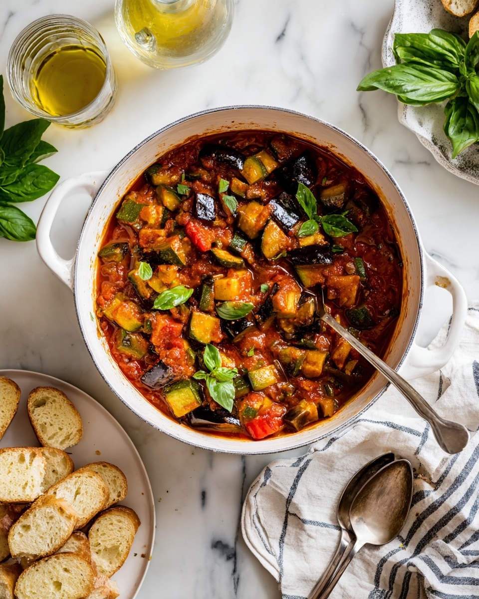 A white pot filled with a stew showing several layers of chunky vegetables, including dark purple eggplant pieces, bright red bell peppers, and green zucchini cubes, all mixed in a rich red tomato sauce. The stew is garnished with fresh green basil leaves scattered on top, giving a fresh look. A metal spoon rests inside the pot, partially covered by the vegetables. Around the pot, there are more fresh basil leaves on a white marbled surface, a striped cloth napkin to the right, and a white plate with several slices of light golden bread to the bottom left. A glass of olive oil and a glass of water are slightly visible at the top left. The photo is taken with an iphone --ar 4:5 --v 7