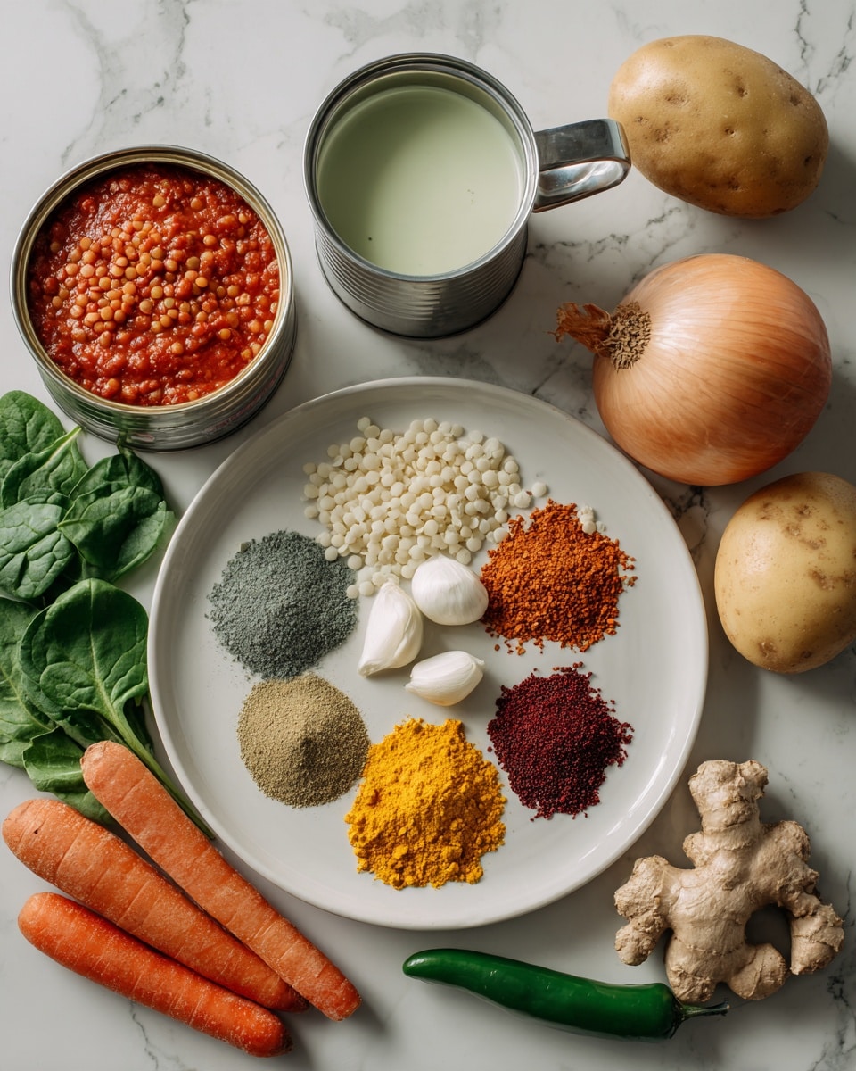 The image shows various cooking ingredients arranged neatly on a white marbled surface. At the center right, there is a white plate with six spice piles in different colors: gray, bright yellow, greenish-yellow, deep red, and brown, along with three white garlic cloves, a small piece of ginger, and a whole green jalapeño pepper. Surrounding the plate are fresh vegetables including an onion, a potato, baby carrots, and a small bunch of spinach leaves. To the left, there is a small pot filled with mixed lentils, a can with red tomato sauce, a silver cup with light green liquid, and a wooden bowl with white creamy liquid. Everything is clearly spread out for easy viewing. Photo taken with an iphone --ar 4:5 --v 7