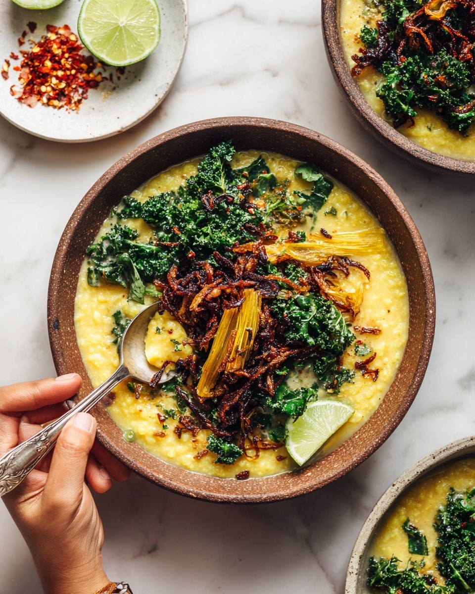 The image shows a brown bowl filled with a thick yellow base, likely lentils or a similar dish, topped with bright green cooked kale and dark crispy fried onions. There are some long yellow pieces, possibly pieces of cooked vegetable, scattered on top. A woman’s hand is holding a spoon dipping into the bowl. To the side, there is a white plate with red chili flakes and a lime wedge on a white marbled surface. Another bowl with the same dish is partially visible on the right. Photo taken with an iphone --ar 4:5 --v 7