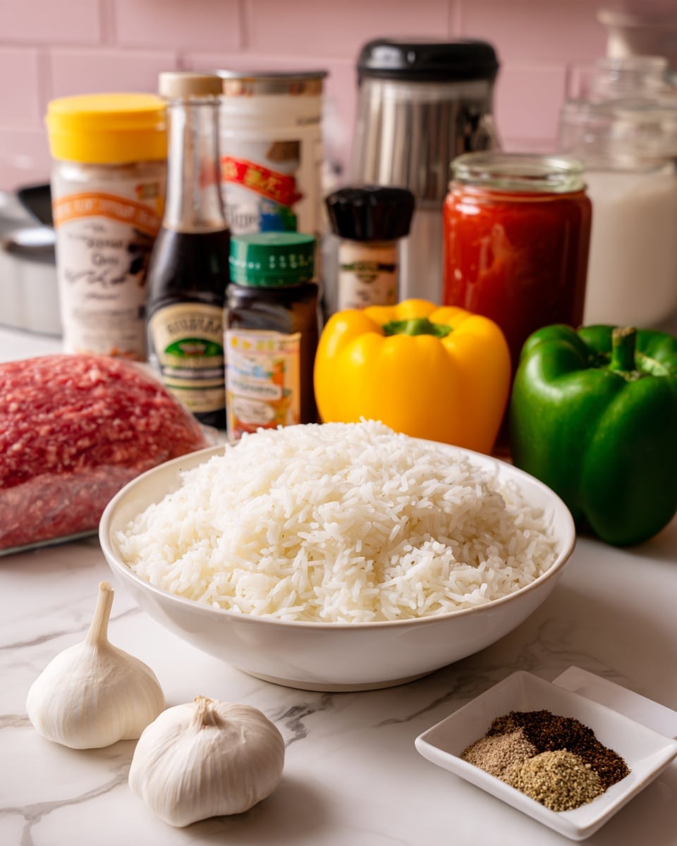 The image shows a white bowl filled with fluffy white rice placed in the center, surrounded by ingredients on a white marbled surface. Behind the bowl are three whole bell peppers in green, yellow, and red colors, arranged from right to left. To the right of the bowl is a small white square dish containing a mix of ground spices in shades of brown, green, black, white, and red. Behind the bowl, there is a clear glass bottle of Worcestershire sauce and next to it, a can of diced tomatoes. To the left, a sealed block of ground beef sits next to a yellow onion and a small stick of butter. A jar of red marinara sauce is also present, standing upright behind the ground beef. A single head of garlic lies in front of the bowl of rice. The background includes a bit of pink wall and kitchen items, with everything arranged neatly. Photo taken with an iphone --ar 4:5 --v 7