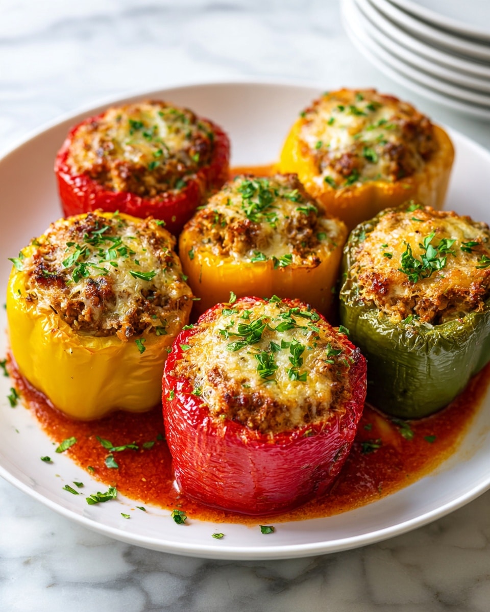 A white plate holds six stuffed bell peppers arranged in two rows. The peppers come in red, yellow, and green colors and are all filled with a melted golden cheese topping sprinkled with small green herbs. The filling has a slightly textured, meaty look beneath the cheese. The peppers sit on a thin layer of red sauce that spreads around their bases. The surface underneath the plate is a white marbled texture, and the background shows a white plate stack blurred softly. photo taken with an iphone --ar 4:5 --v 7