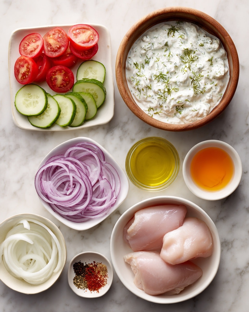 The image shows several white bowls and plates arranged on a white marbled surface, each holding different fresh ingredients for a meal. There is a round wooden bowl filled with creamy white yogurt mixed with small green herb bits, positioned at the top center. To its left, a white square plate holds thin cucumber slices layered neatly in a row above small red tomatoes and thinly sliced purple onions. Below the wooden bowl is a small clear glass cup with yellow oil, and next to it on the right is a clear bowl with orange liquid. At the bottom right corner, a white bowl contains two pale pink raw chicken pieces, while a smaller white bowl at the bottom left is filled with thin white onion rings. Two small white dishes at the very bottom hold mixed red and green dried spices and chopped white garlic. photo taken with an iphone --ar 4:5 --v 7