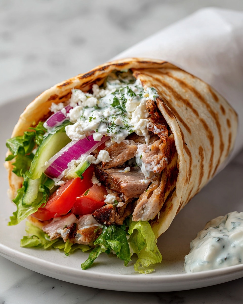 A wrap is shown on a white plate with a white marbled surface. The wrap has about five visible layers: the soft, slightly browned flatbread forms the outer layer, partially wrapped in white paper. Inside, there are chunks of browned meat, fresh green lettuce, slices of red tomato, thin strips of purple onion, and pieces of cucumber creating colorful layers. On top, a creamy white sauce with green herb bits is spread thickly. Some white crumbly cheese is sprinkled over the filling, and a dollop of the same creamy sauce sits next to the wrap on the plate. Photo taken with an iphone --ar 4:5 --v 7