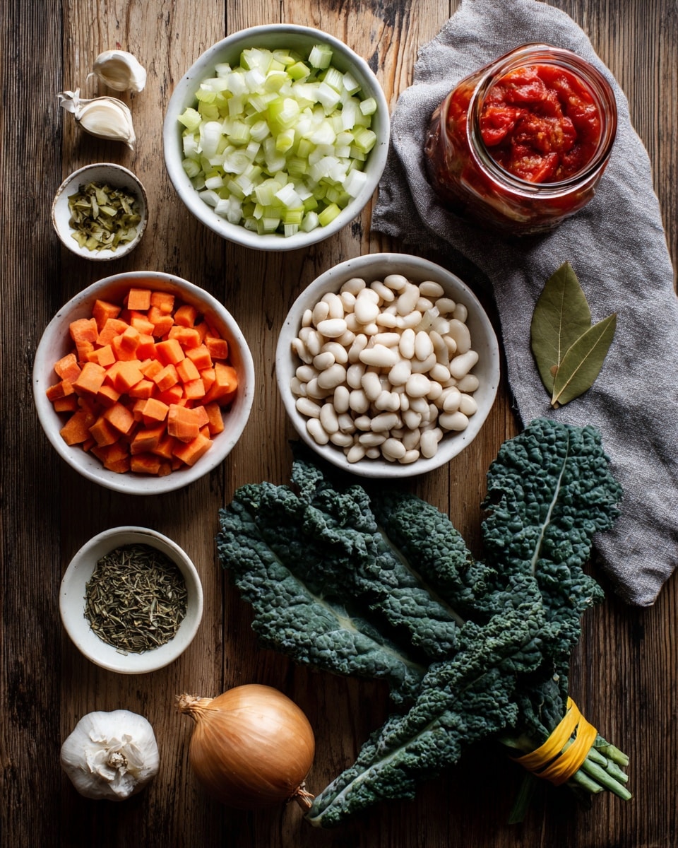 A wooden surface holds various ingredients neatly arranged: a white bowl filled with diced celery, diced onions, and diced carrots at the top left; a white bowl filled with white beans in the center; a jar of red diced tomatoes near the top right resting beside a folded gray cloth; a curved bunch of dark green kale with a yellow band at the bottom right; a whole brown onion and a whole garlic bulb at the bottom left; a small white dish of minced garlic in the middle below the beans; and a small white dish with dried herbs and a bay leaf at the left center. photo taken with an iphone --ar 4:5 --v 7