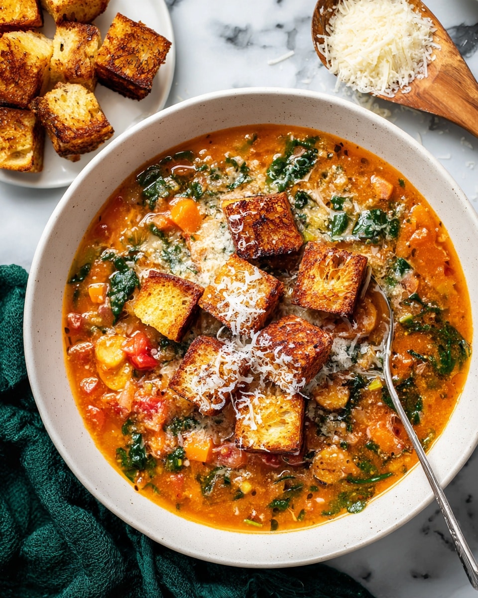 A white bowl filled with a thick, chunky soup that has a rich orange-red broth with visible pieces of green spinach, orange carrot cubes, and diced tomatoes. On top of the soup, there are several large, golden brown toasted bread cubes sprinkled with grated cheese. To the right edge of the bowl, a silver spoon rests partially in the soup. Next to the bowl is a small pile of extra toasted bread cubes on a white plate and a small wooden spoon holding grated cheese above a white marbled surface. A dark green cloth is arranged near the bottom left corner. Photo taken with an iphone --ar 4:5 --v 7