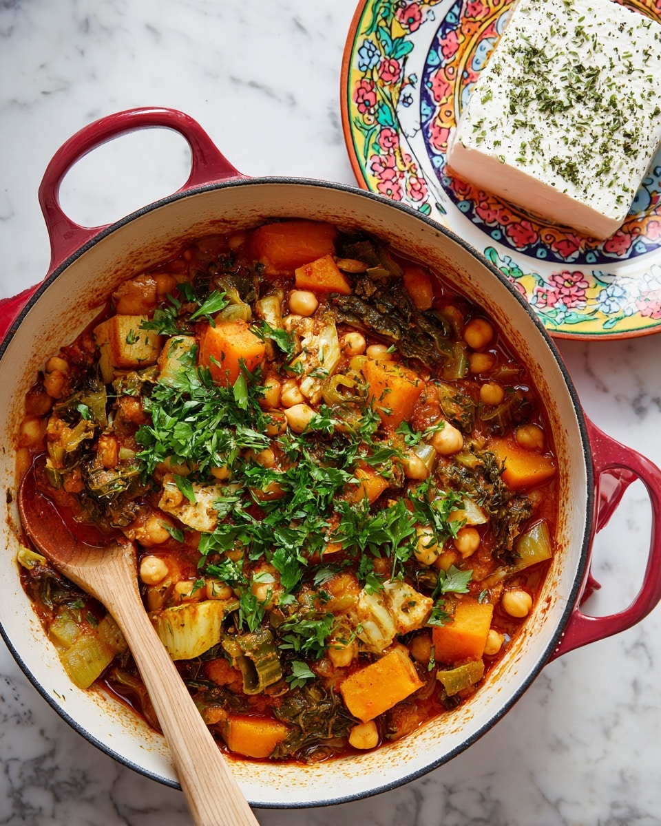 A white pot with red handles filled with a thick stew showing multiple layers: large green and light brown vegetable chunks mixed with small round pale chickpeas in a rich reddish-orange sauce, garnished with bright green fresh herbs scattered on top. A wooden spoon with a light handle rests inside the pot on the left side. In the upper right corner, there is a white plate with colorful patterned edges holding a block of white cheese sprinkled with herbs. Everything is placed on a white marbled surface. Photo taken with an iphone --ar 4:5 --v 7
