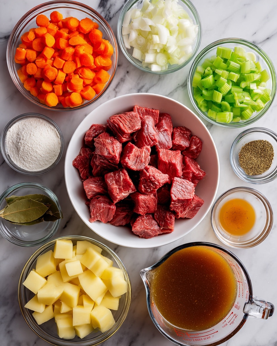 The image shows a white marbled surface with eleven clear glass bowls and one clear glass measuring cup arranged neatly. In the center, there is a medium-sized bowl filled with raw red meat chunks. Surrounding it in a circle are smaller bowls containing diced white onions, cut orange carrots, chopped green celery, cubed yellow potatoes, and minced garlic, along with powdered white flour, dark brown liquid, reddish spice, black pepper, coarse salt, a green bay leaf, and a measuring cup filled with brown broth. The ingredients are organized and displayed clearly, ready to be cooked. photo taken with an iphone --ar 4:5 --v 7