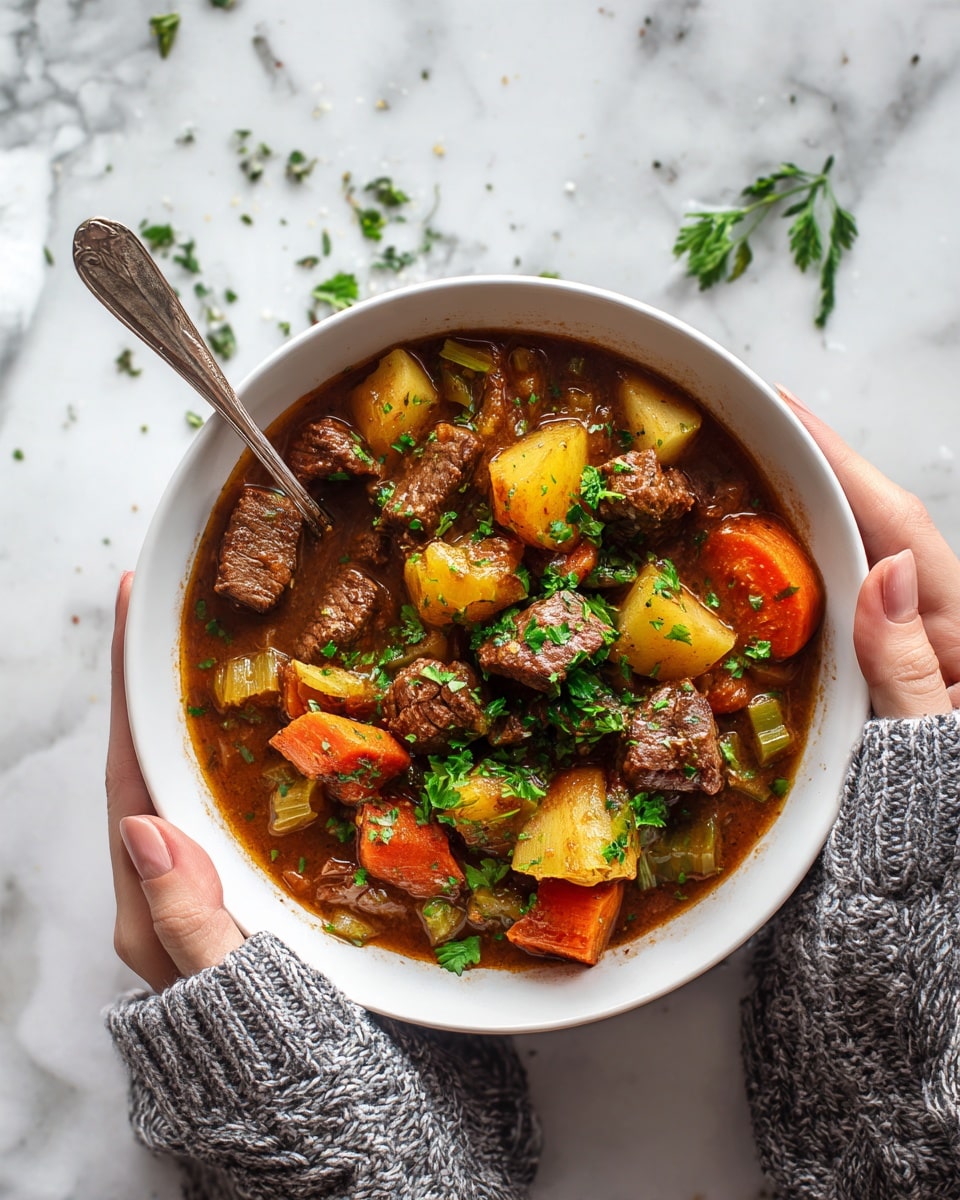 A white bowl filled with thick beef stew, showing chunks of browned beef, orange carrot slices, light yellow potato pieces, and bits of celery all covered in rich brown sauce. Fresh green parsley is sprinkled on top, adding a touch of color. A metal spoon stands upright in the stew. The bowl is being held gently by a woman's hands wearing gray knitted sleeves, and the background is a white marbled surface with some scattered herbs. photo taken with an iphone --ar 4:5 --v 7