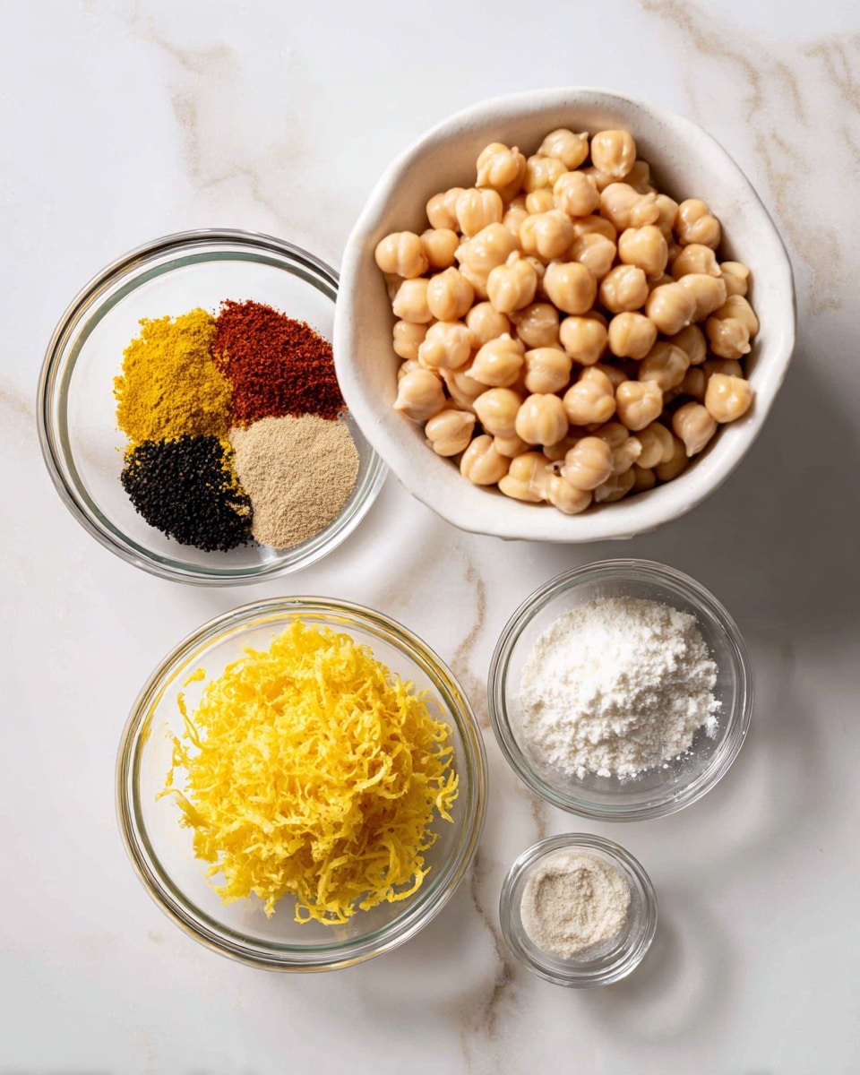 The image shows four bowls on a white marbled surface. The largest bowl is white and filled with light beige chickpeas, positioned at the top right. Below it to the left is a medium clear glass bowl with six different spices arranged in small piles by color: bright yellow, light brown, black, tan, white, and red. To the right of the spice bowl is a small white bowl that contains a white powder. At the bottom center is another small clear glass bowl with grated yellow lemon zest. The arrangement is neat and the lighting is bright. Photo taken with an iphone --ar 4:5 --v 7