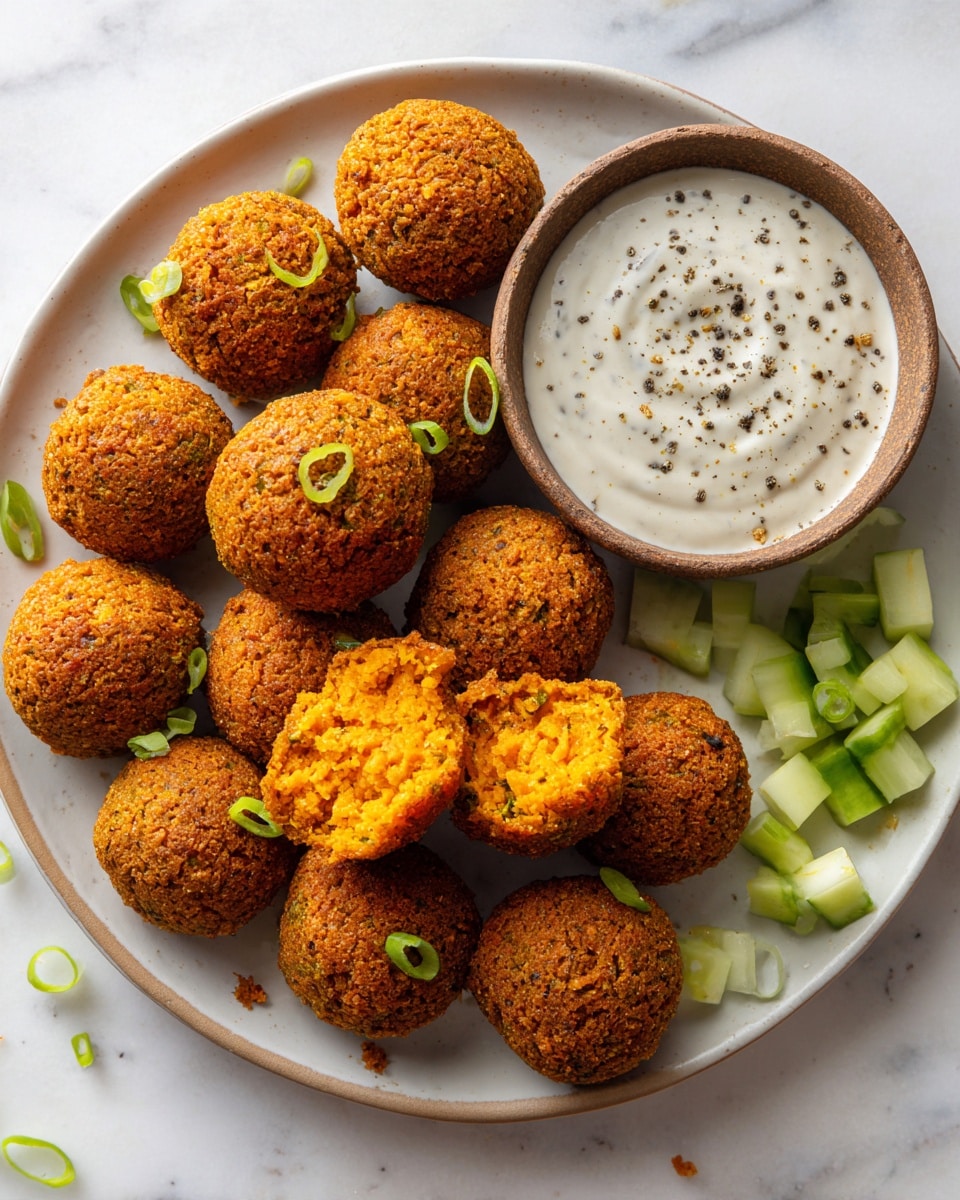 A white plate holds about eleven golden-brown falafel balls with a rough, crumbly texture; one falafel is broken open showing a soft, orange inside. Around the falafel, there are small green onion slices scattered on and beside the balls. To the top right of the plate is a small brown bowl filled with a creamy white sauce speckled with black pepper. Near the bowl, chopped green cucumber pieces add fresh color. The plate is set on a white marbled surface. photo taken with an iphone --ar 4:5 --v 7