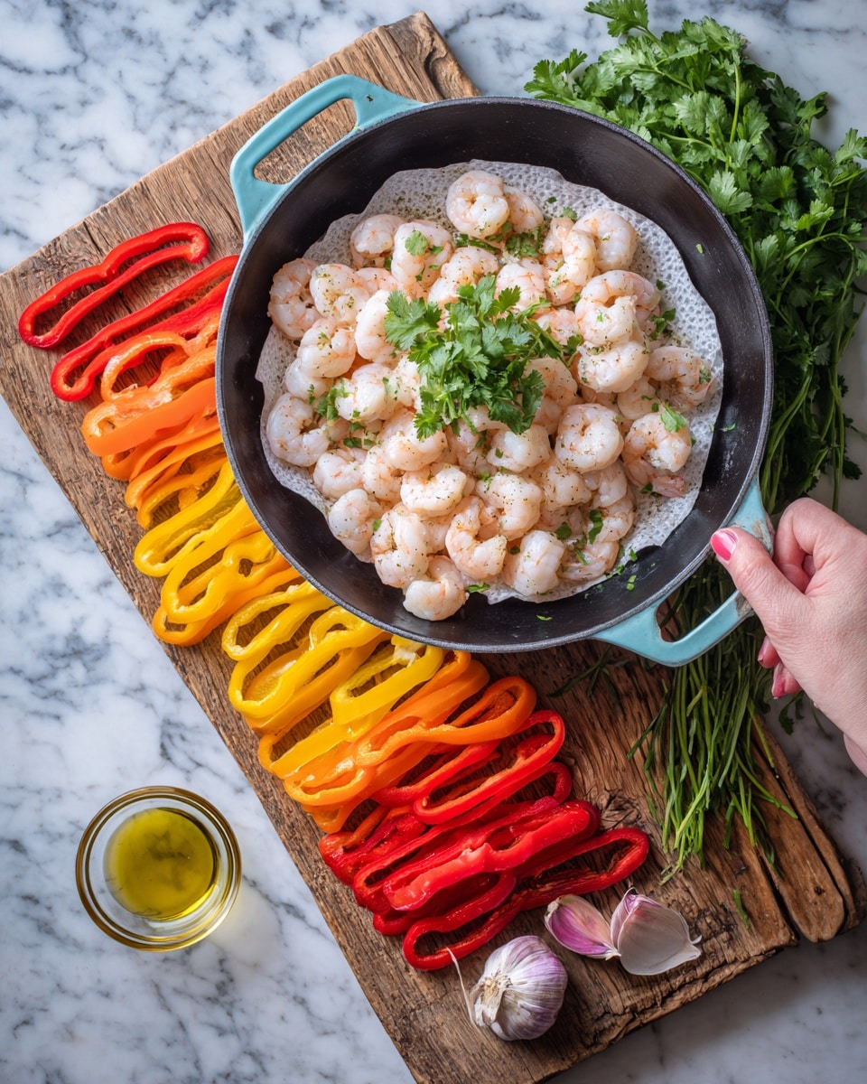 A black pan with a light blue handle holds a layer of white paper towel topped with a pile of pale pink and white shrimp, slightly curled. A few sprigs of fresh green cilantro rest on top of the shrimp. The pan sits on a rustic wooden board. On the wooden board next to the pan are neat rows of colorful bell pepper rings in red, orange, and yellow, arranged vertically from left to right. Below the peppers, a bunch of fresh cilantro with green leaves spreads across the board. To the right, bright red cherry tomatoes on the vine lay on the board, with a small clear bowl of golden olive oil close by. Just below the board on a white marbled surface, there are two peeled garlic cloves and one shallot with purple skin. photo taken with an iphone --ar 4:5 --v 7