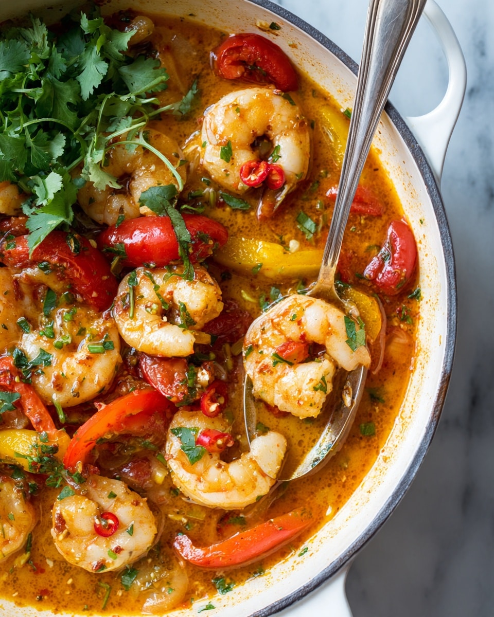 A close-up view of a dish in a white pan filled with shrimp cooked in a rich orange sauce. There are several shrimp scattered throughout, each pale pink with curled tails. Sliced yellow bell peppers and small red chili peppers are mixed in the sauce, adding bright yellow and red colors. Fresh green cilantro sits on the left side of the pan, adding a touch of green. Cherry tomatoes on their vine are visible at the top right edge. A silver spoon scoops up one shrimp, resting in the sauce that has a smooth, slightly thick texture. The background is a white marbled surface. photo taken with an iphone --ar 4:5 --v 7