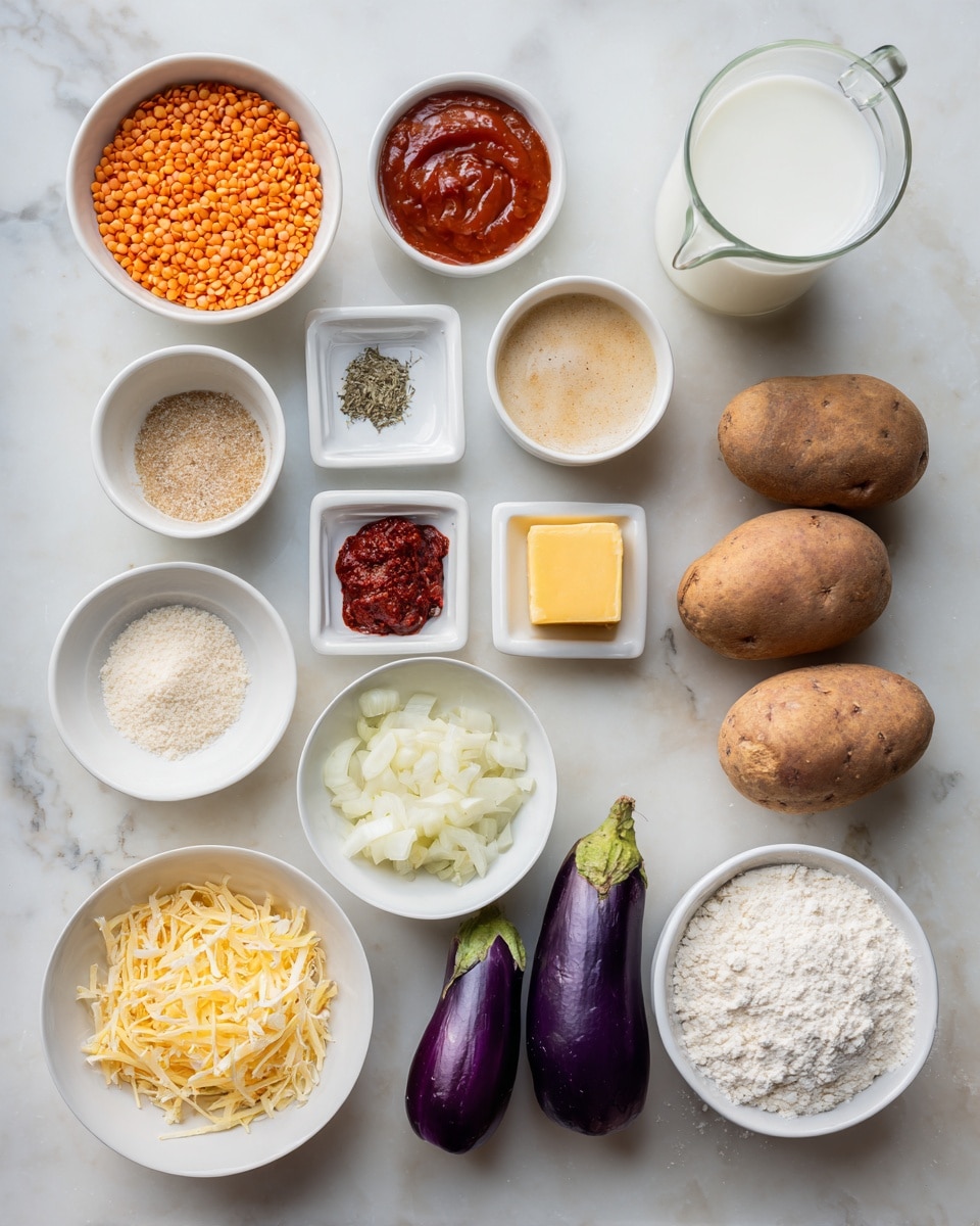 A white marbled surface holds several white bowls and small dishes arranged in a loose grid. From top left, a small bowl with orange lentils, next to a small bowl with red sauce, a medium bowl with light brown liquid, and a tiny white bowl with salt. Below, a small bowl with light beige powder, a small dish with chopped yellow garlic, a medium bowl filled with chopped white onions, and a medium bowl with shredded yellow cheese. On the next row, a small bowl of dried herbs, a small square dish with red paste, a small dish with a yellow square of butter, and two whole deep purple eggplants. At the bottom right, two whole brown potatoes with skin on, and a small white bowl with white flour. On the far right is a glass jug of milk. Photo taken with an iphone --ar 4:5 --v 7