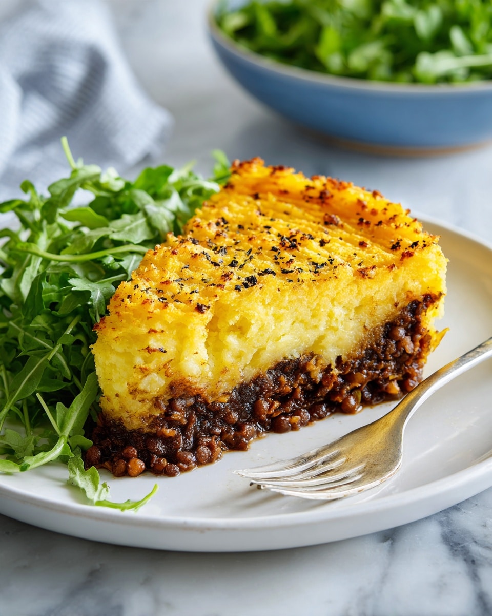 A white plate with a thick slice of shepherd's pie showing two layers: the top layer is a golden-yellow mashed potato with a slightly crispy and textured surface sprinkled with black pepper, while the bottom layer is a rich, dark brown lentil and vegetable mix that looks soft and moist. The pie slice sits next to a small pile of fresh, bright green arugula leaves on the left side of the plate. A silver fork is placed on the right side of the plate. The setting is on a white marbled surface, with a blurred blue bowl of green salad in the background. Photo taken with an iphone --ar 4:5 --v 7