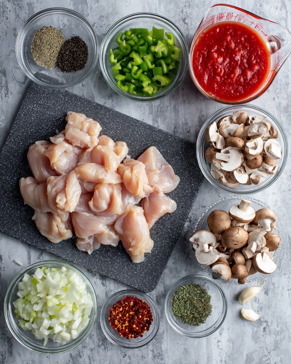 The image shows raw chicken pieces placed on a dark gray cutting board with a speckled texture, located in the center on a white marbled texture. Around the cutting board are clear glass bowls holding different ingredients: top left has ground black pepper, left middle has dried herbs, bottom left has chopped green bell peppers, bottom far left has chopped onions, top middle holds sliced brown mushrooms, top right has chopped garlic, a small bowl with red chili flakes is next to it, and dried herbs are beside that. On the far right is a clear measuring cup filled with bright red tomato sauce. All items are laid out neatly with bright natural light, photo taken with an iphone --ar 4:5 --v 7