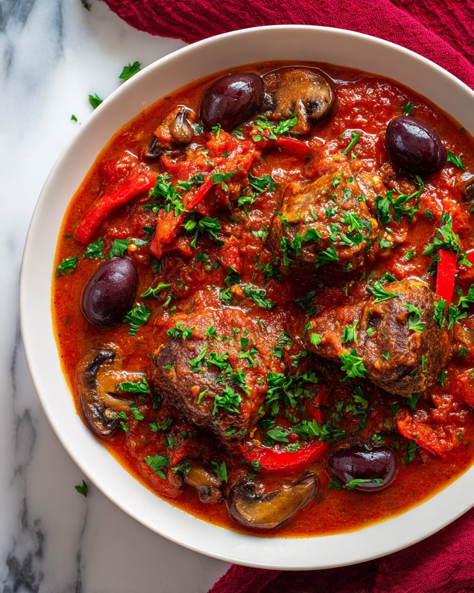 A close-up of a white bowl filled with a rich, red tomato sauce with visible herbs. In the sauce, there are three light brown pieces of cooked meat placed in the center. Around the meat, there are dark purple olives, sliced mushrooms, and strips of red bell pepper. The dish is garnished with chopped green parsley sprinkled on top. The bowl is set on a white marbled surface, and a red cloth is visible in the upper left corner. photo taken with an iphone --ar 4:5 --v 7