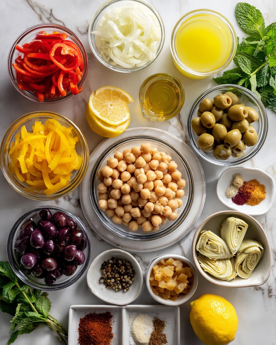 The image shows a collection of clear and white bowls arranged neatly on a white marbled surface filled with various ingredients. At the center is a clear bowl of beige chickpeas. Surrounding it are bowls of yellow and red bell pepper strips, white sliced onions, light green artichoke hearts, and dark purple olives. Two bright yellow lemons sit near the bowls of onions and olives. Smaller containers hold golden raisins, fresh minced garlic, and small amounts of olive oil and spices in a white divided dish with reddish and brown powders. Bright green fresh mint leaves are placed around the setup. A yellow liquid mixture in a clear measuring cup and a sealed container of yogurt appear at the top. The scene is clean and well-lit, with a woman's hand visible holding one of the bowls. Photo taken with an iphone --ar 4:5 --v 7
