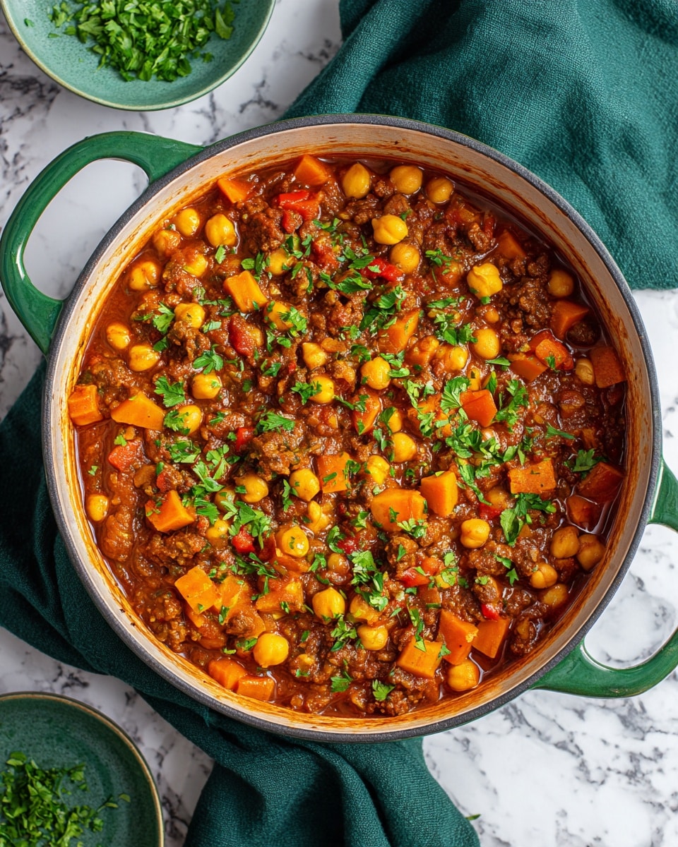 A green pot filled with a thick stew showing one main layer of chunky cooked ingredients in a dark orange sauce, including round beige chickpeas, small brown bits of plant-based sausage, and diced yellow and red vegetables, garnished with bright green fresh parsley scattered on top. The pot is on a white marbled surface with a dark green cloth beside it, and parts of green bowls partially visible around it. Photo taken with an iphone --ar 4:5 --v 7