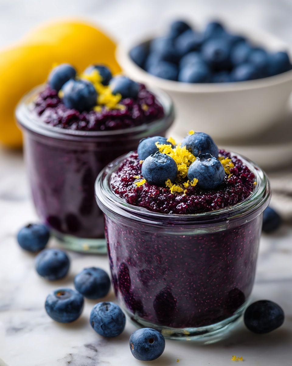 Two clear glass jars each hold one thick, deep purple chia pudding layer, topped with three fresh blueberries and a small sprinkle of yellow lemon zest. The jars sit on a white marbled surface, surrounded by loose blueberries and a white bowl filled with more blueberries in the background. The texture of the pudding is grainy and moist, filling the jars almost to the top. photo taken with an iphone --ar 4:5 --v 7