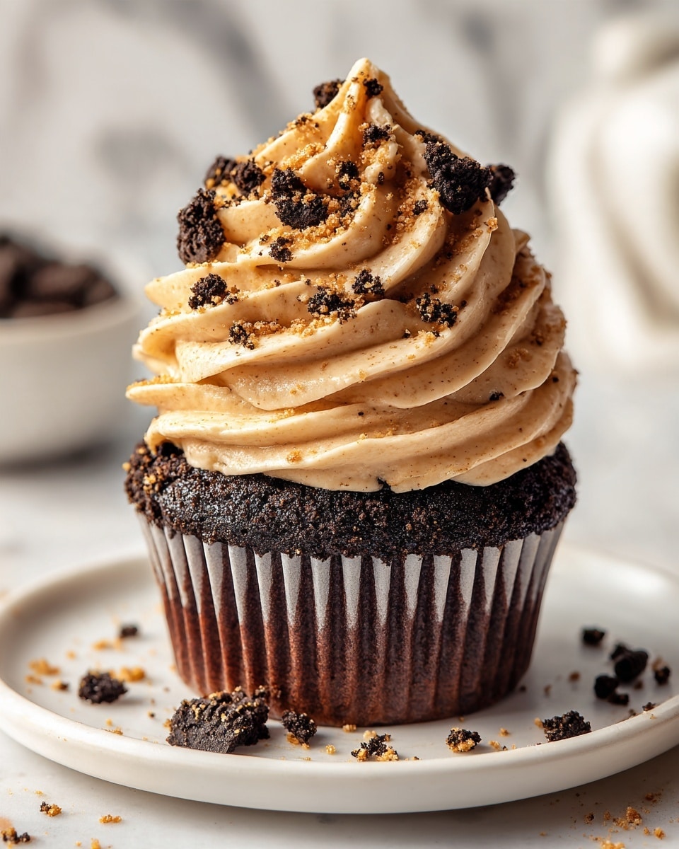 A close-up of a dark chocolate cupcake with chocolate cookie crumbs baked into the base, topped with a thick layer of light brown creamy frosting mixed with cookie bits. Swirls of frosting rise in a tall peak with small chunks of chocolate cookies embedded on top and around the base. The cupcake sits on a simple white plate with a few cookie crumbs scattered nearby, all placed on a white marbled surface. Photo taken with an iphone --ar 4:5 --v 7