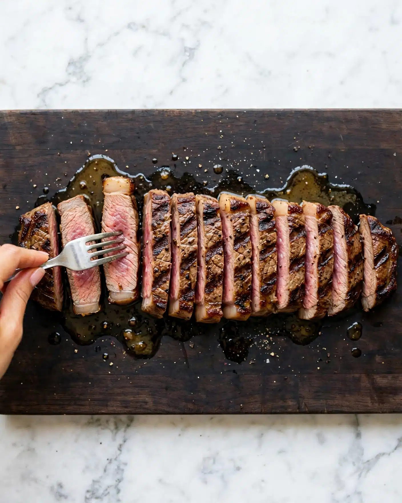 Grilled Filet Mignon Recipe 5 square image A long piece of grilled meat sliced into eleven even pieces arranged side by side on a dark cutting board with grill marks visible on each slice. The meat shows a medium pink color inside with a darker browned crust outside. A woman's hand holds a fork pressing down on the left side of the meat, lifting one slice slightly. There is a bit of oil or juice pooling around the meat on the board. The background has a white marbled texture photo taken with an iphone --ar 4:5 --v 7